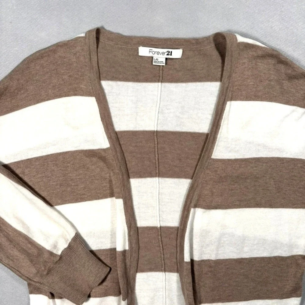 Forever‎ 21 Striped Cardigan Large Tan White Open Front Neutral Coastal Minimal
